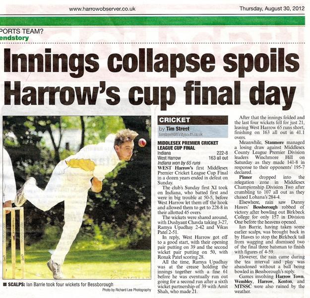 Innings collapse spoils Harrow's cup final day
